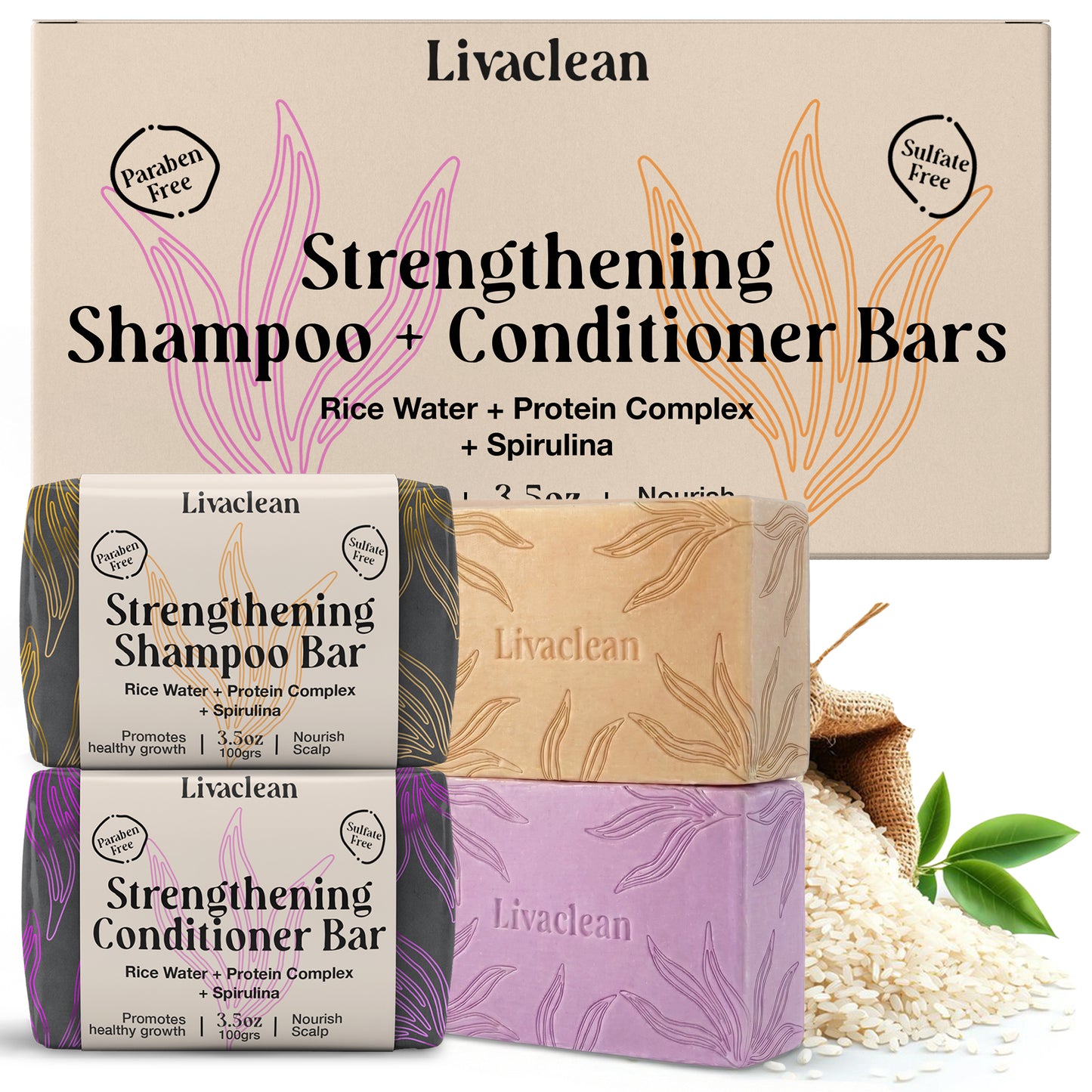 Rice Water Shampoo & Conditioner Bars w/Spirulina, Matcha, Hyaluronic Acid, & Coconut Oil - Image 1