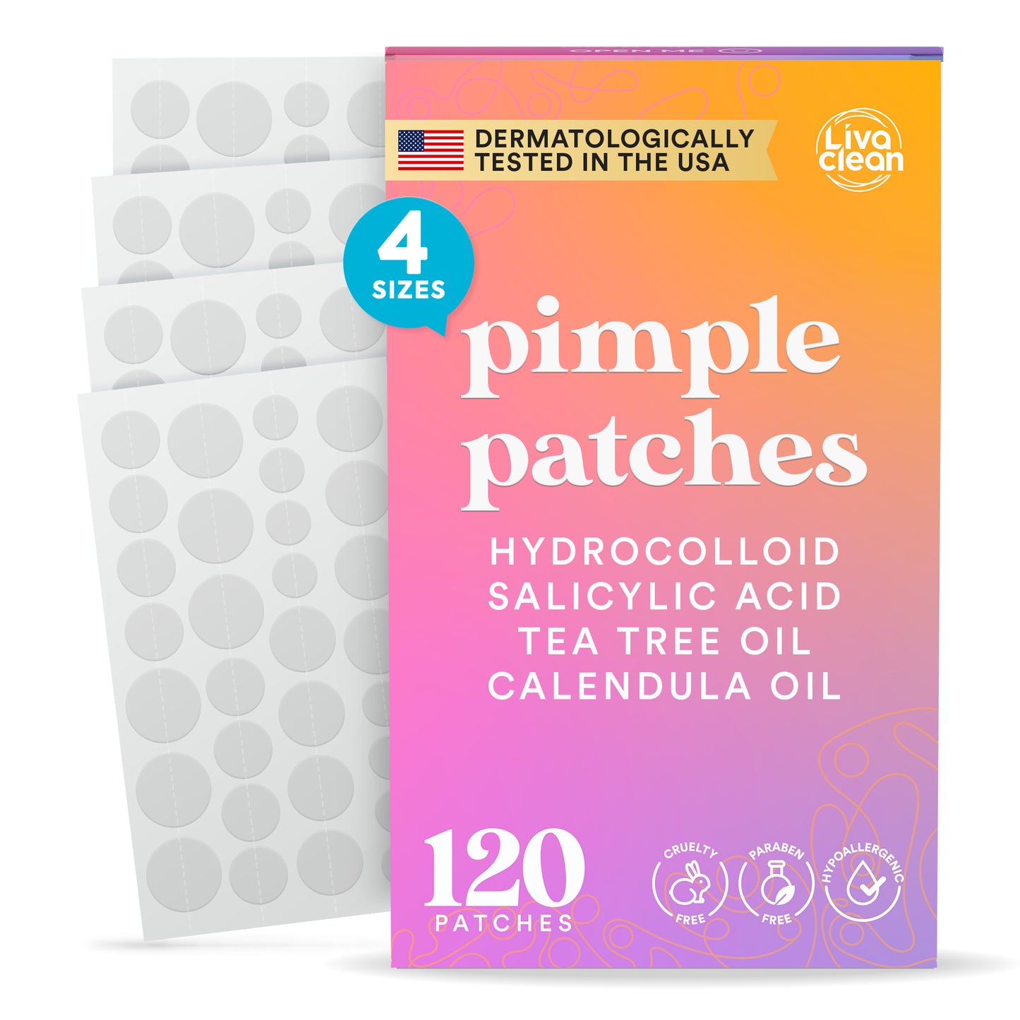120 CT Pimple Patches w/Salicylic Acid, Tea Tree Oil & Calendula Oil - Four Sizes
