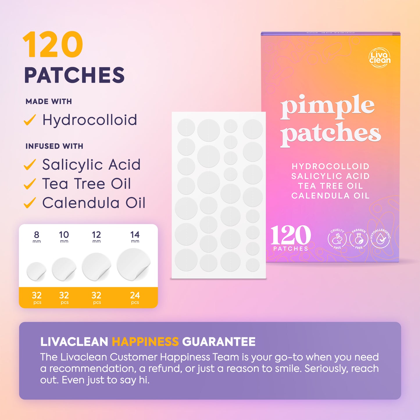 120 CT Pimple Patches w/Salicylic Acid, Tea Tree Oil & Calendula Oil - Four Sizes