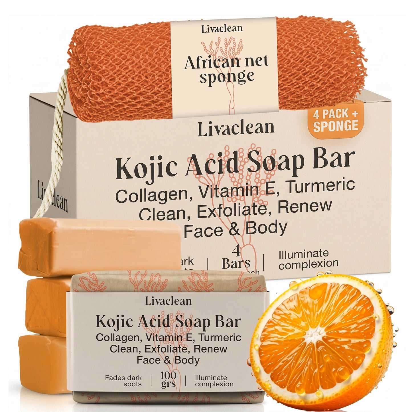 Kojic Acid Soap with Turmeric, Collagen & Vit it E  / 4 Bars + African Net Sponge