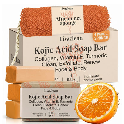 Kojic Acid Soap with Turmeric, Collagen & Vit it E  / 4 Bars + African Net Sponge