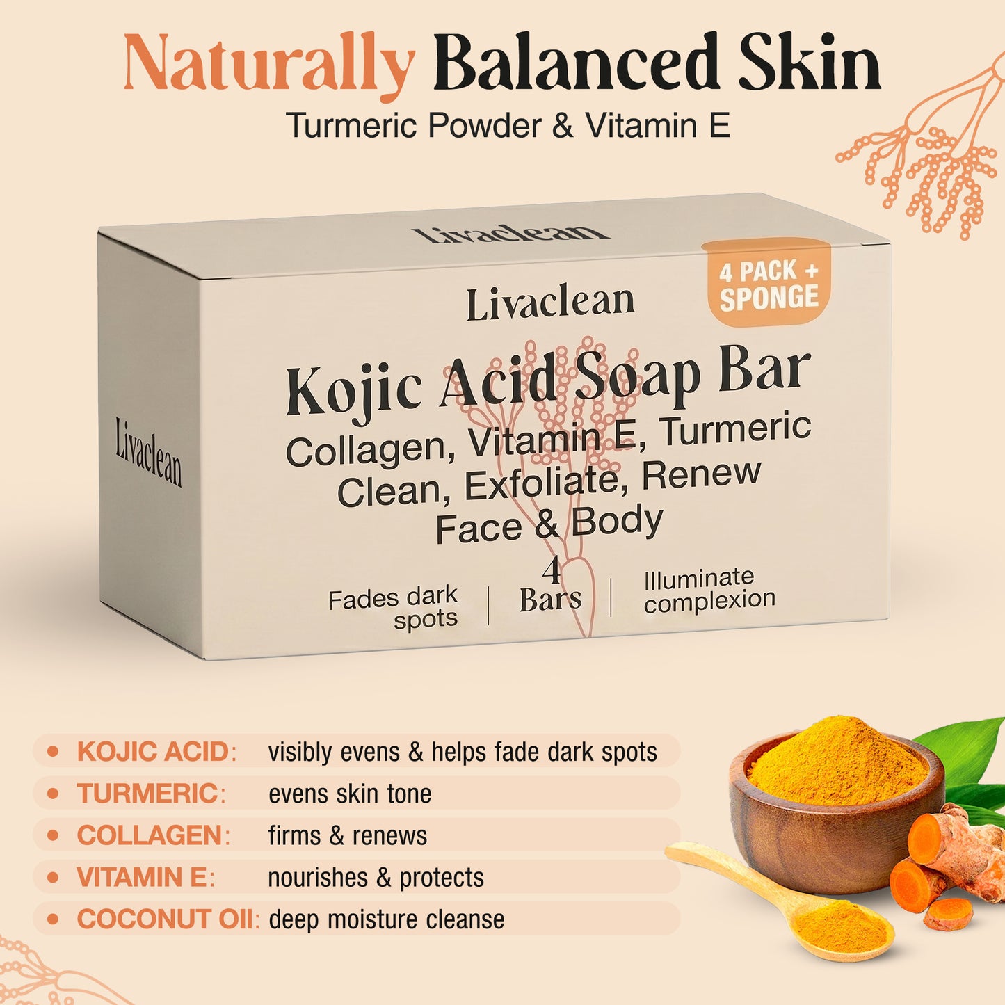 Kojic Acid Soap with Turmeric, Collagen & Vit it E  / 4 Bars + African Net Sponge