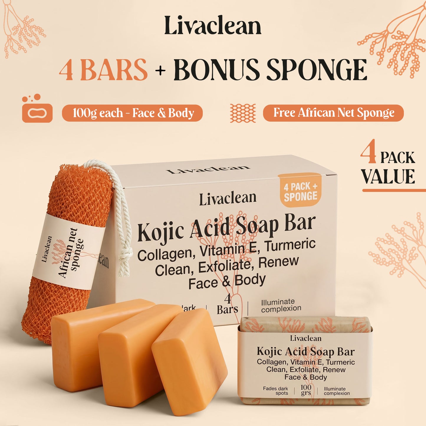 Kojic Acid Soap with Turmeric, Collagen & Vit it E  / 4 Bars + African Net Sponge