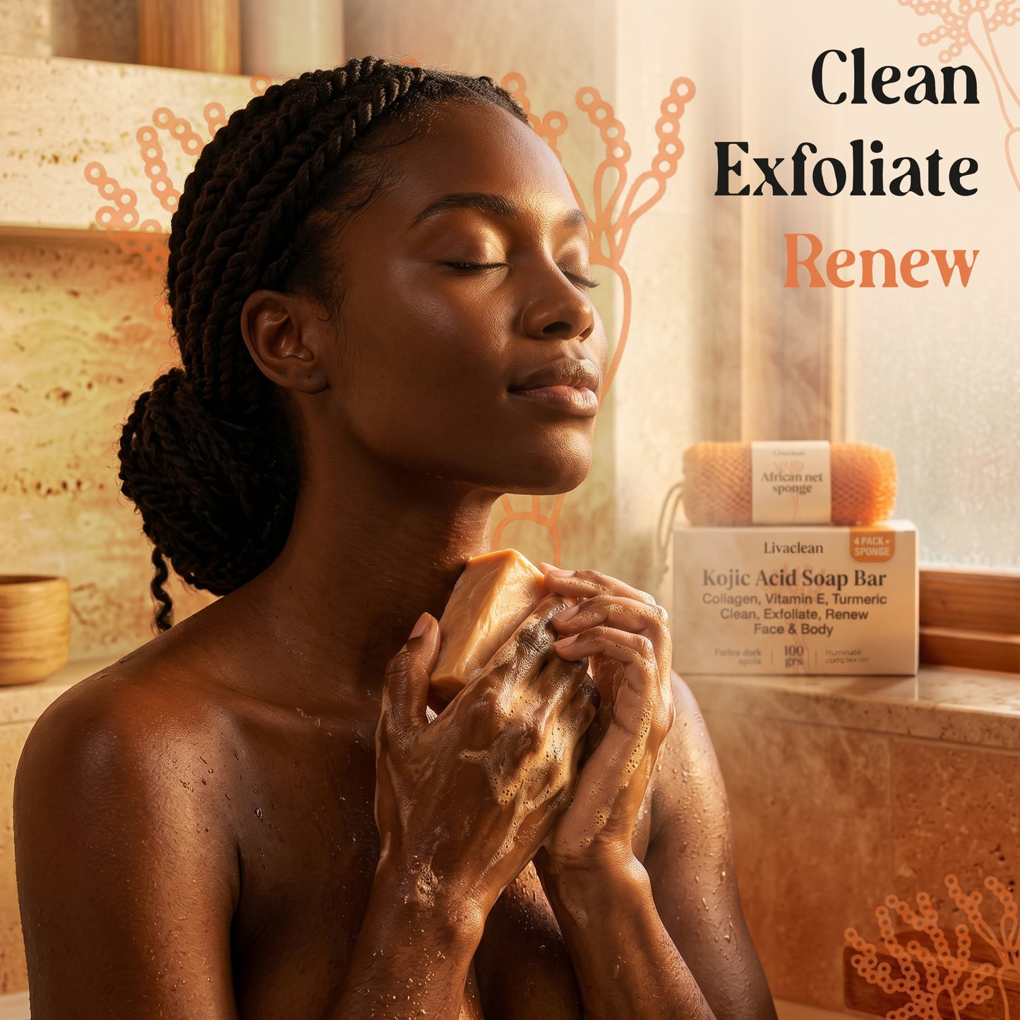 Kojic Acid Soap with Turmeric, Collagen & Vit it E  / 4 Bars + African Net Sponge