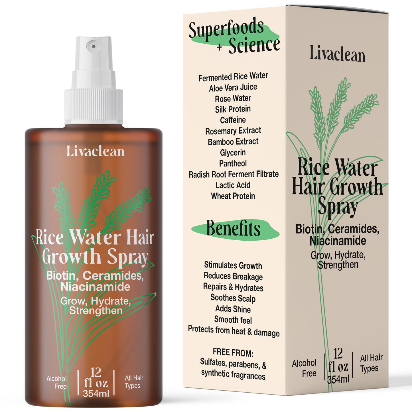 Rosemary & Rice Water Hair Growth Spray 12 fl oz –  Biotin, Caffeine & Silk Protein